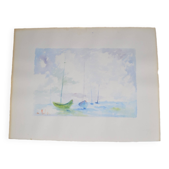French School 20th Century D Martine: Sailboats on the sea, Signed watercolor