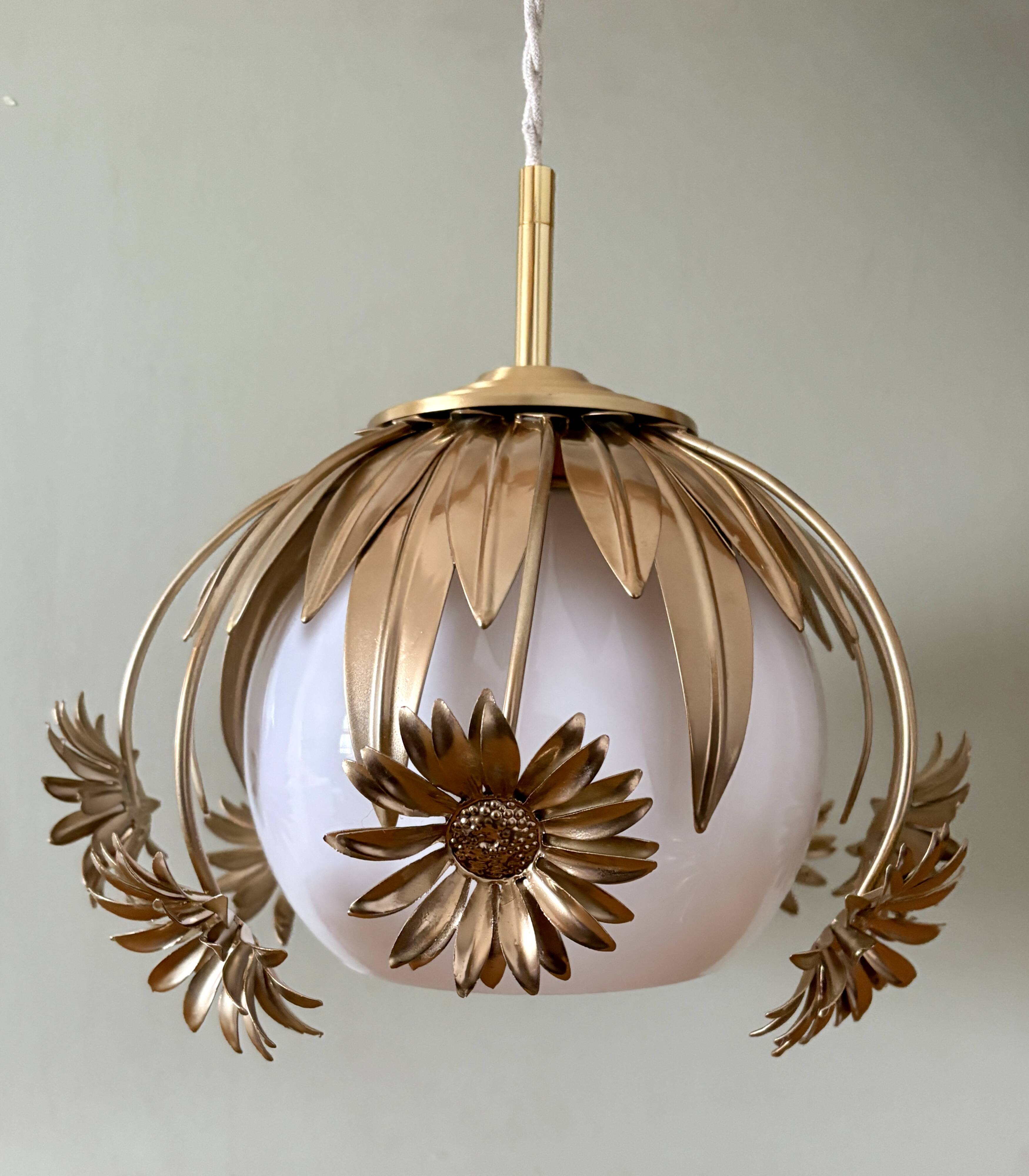 Pendant light in gilded metal and antique opaline globe