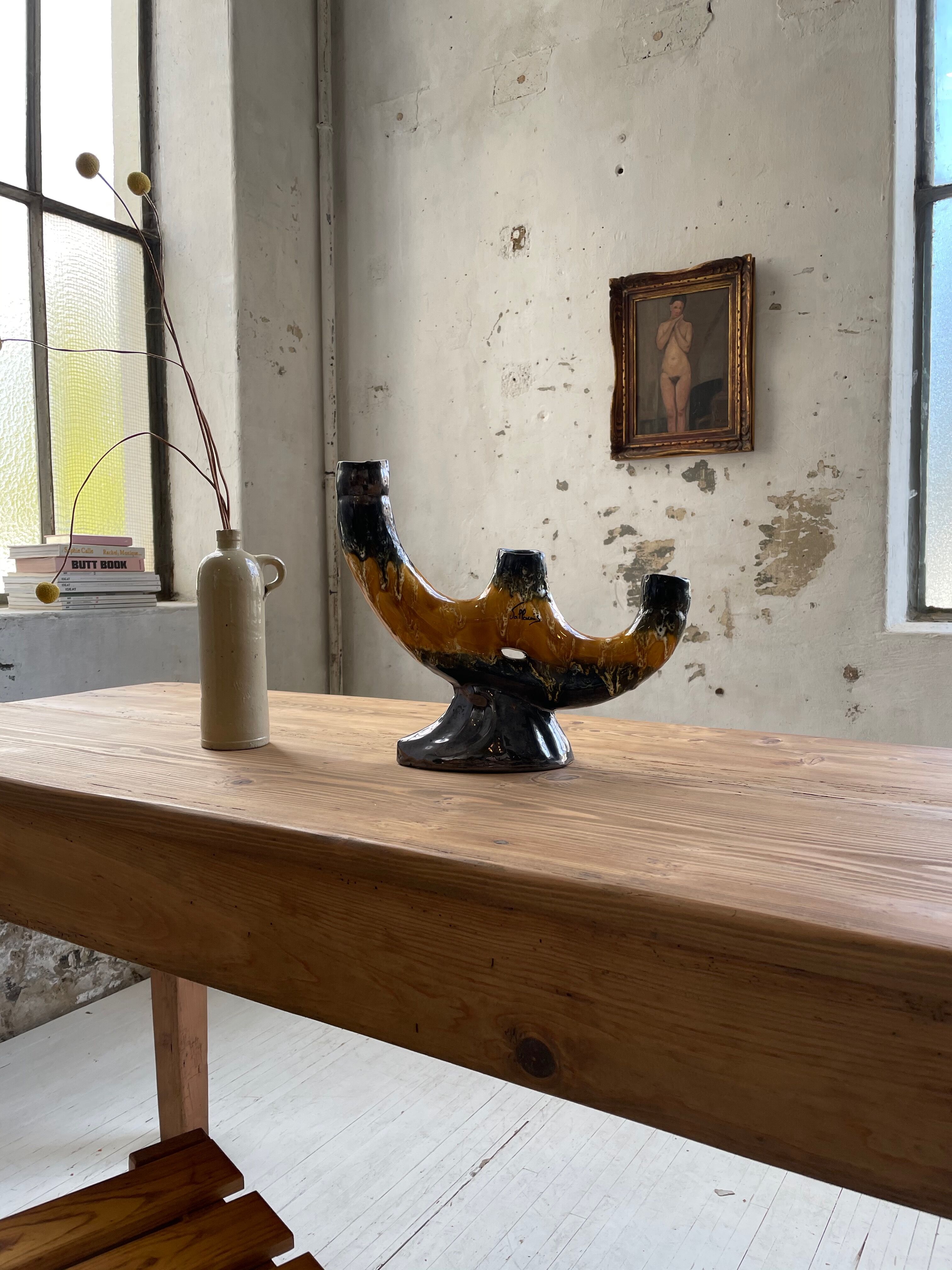 Vallauris black yellow ceramic candlestick