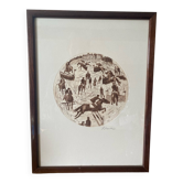 Antique Lithograph of a Horse Riding Scene, Signed + Brown Wood Frame