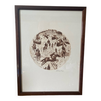 Antique Lithograph of a Horse Riding Scene, Signed + Brown Wood Frame