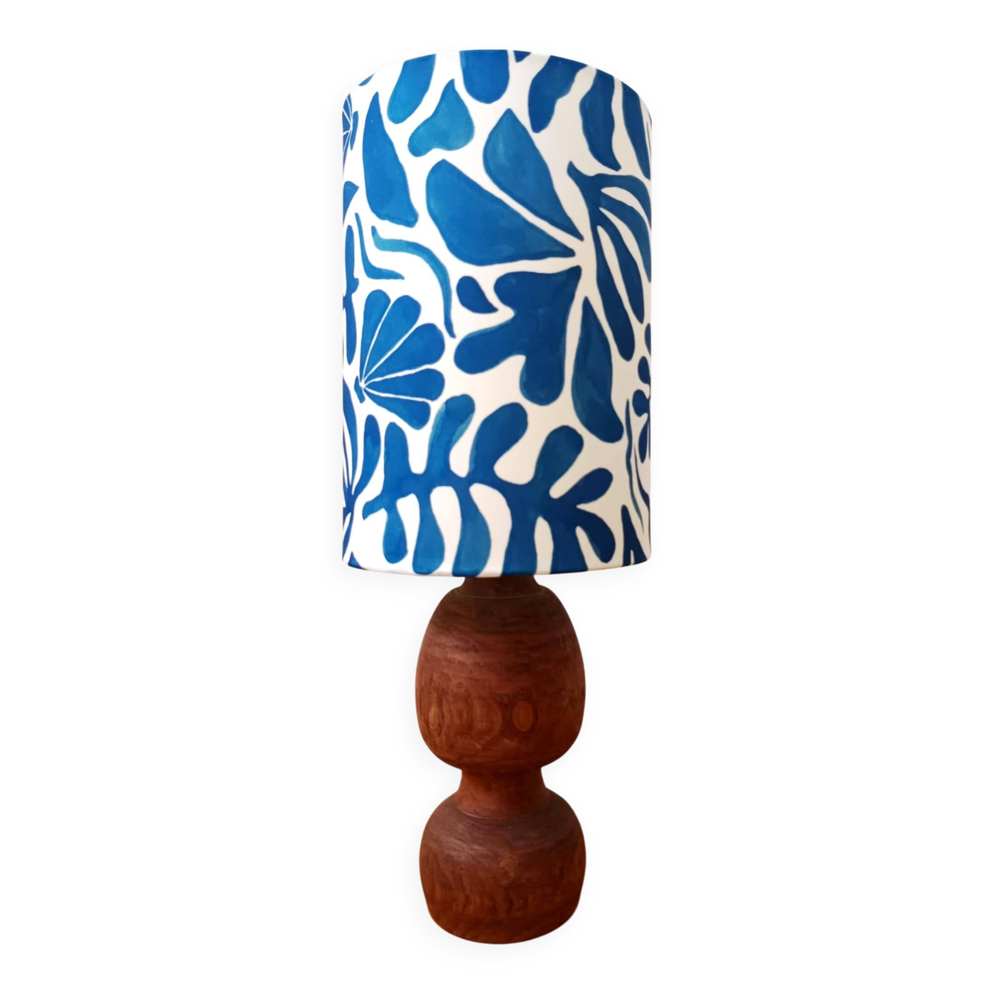 Brutalist wooden lamp and custom shade
