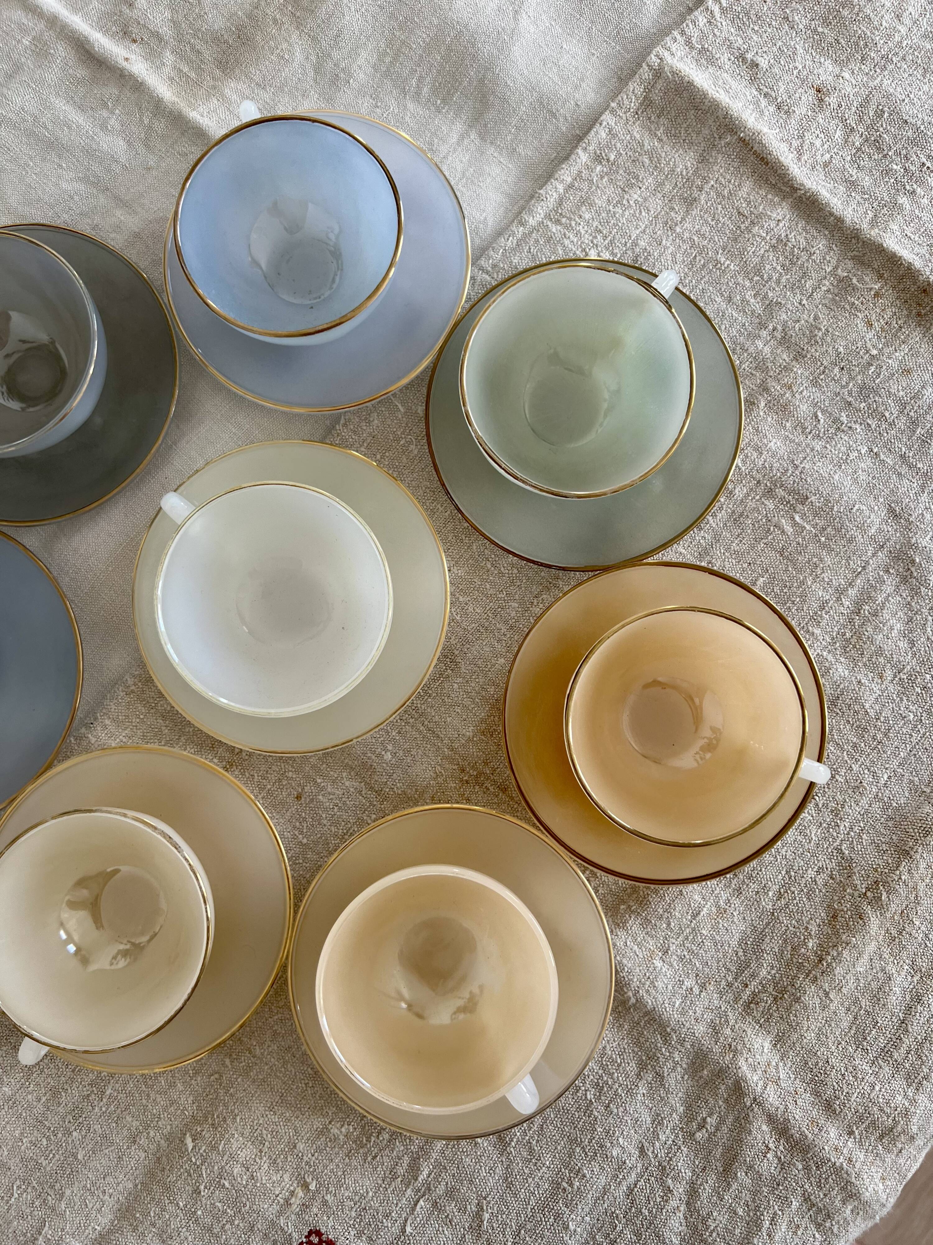 8 vintage cups and saucers Arcopal Harlequin opaline pastel tones with gold edging