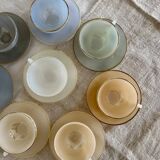8 vintage cups and saucers Arcopal Harlequin opaline pastel tones with gold edging