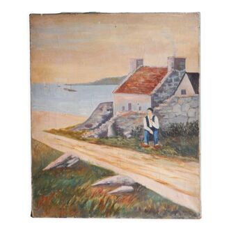 Tableau peinture ancienne homme bord de mer