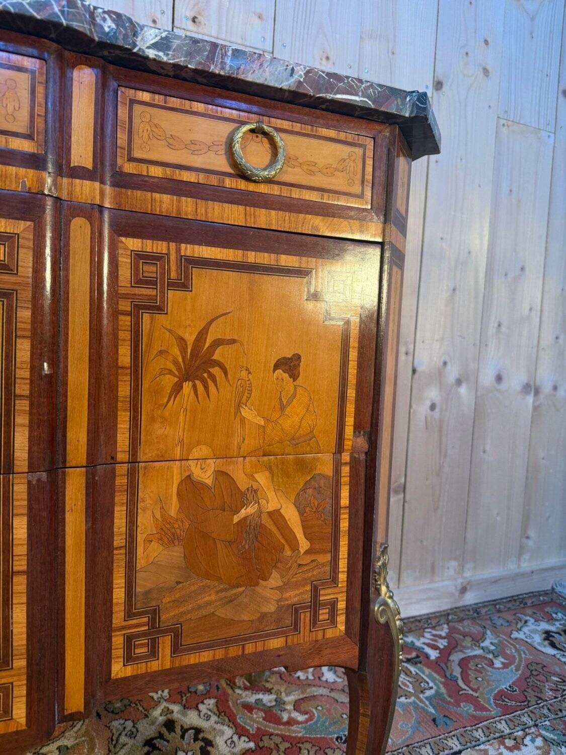 Commode Transition oriental marquetry, 1920s, black marble
