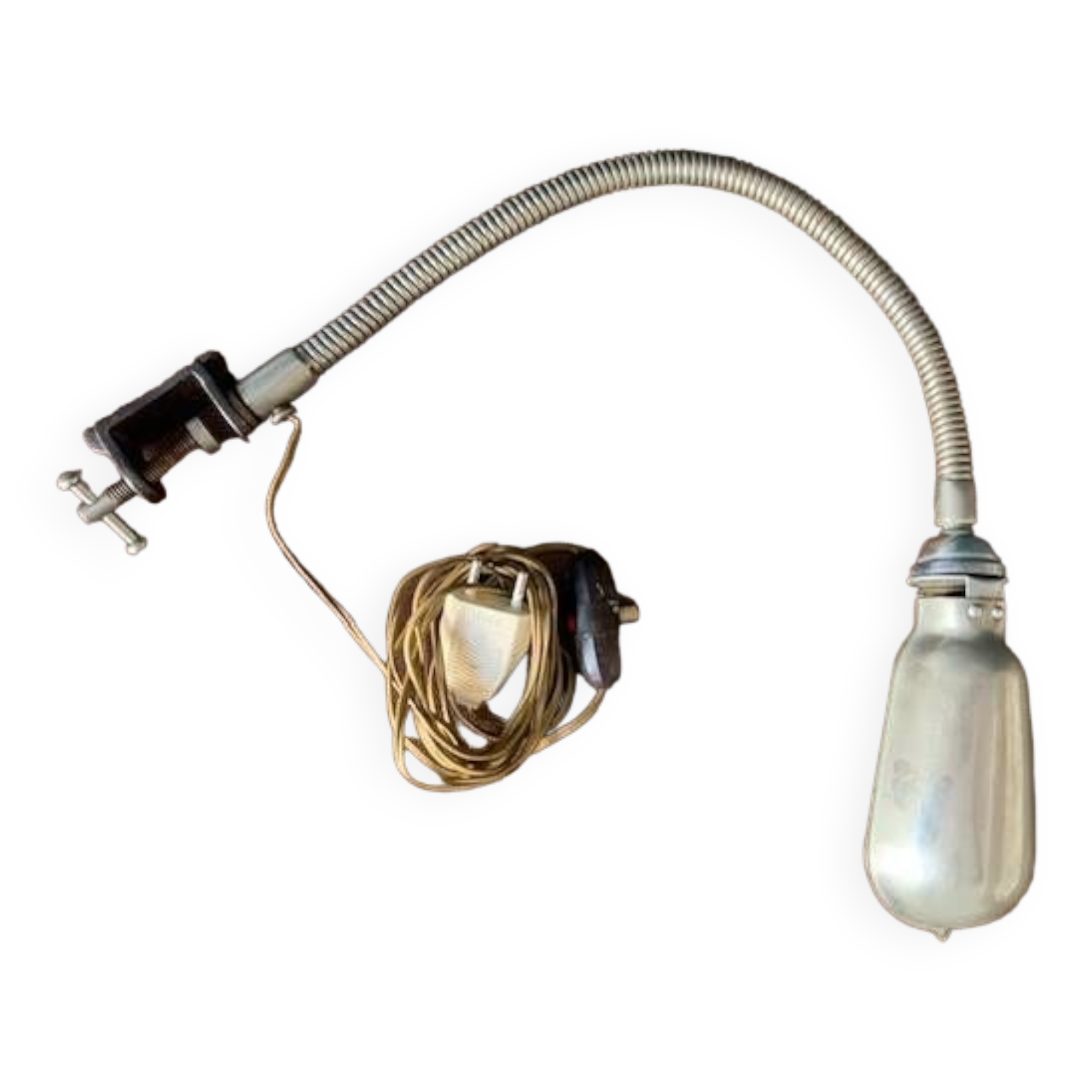 Old workshop lamp, silver metal, flexible, 1950