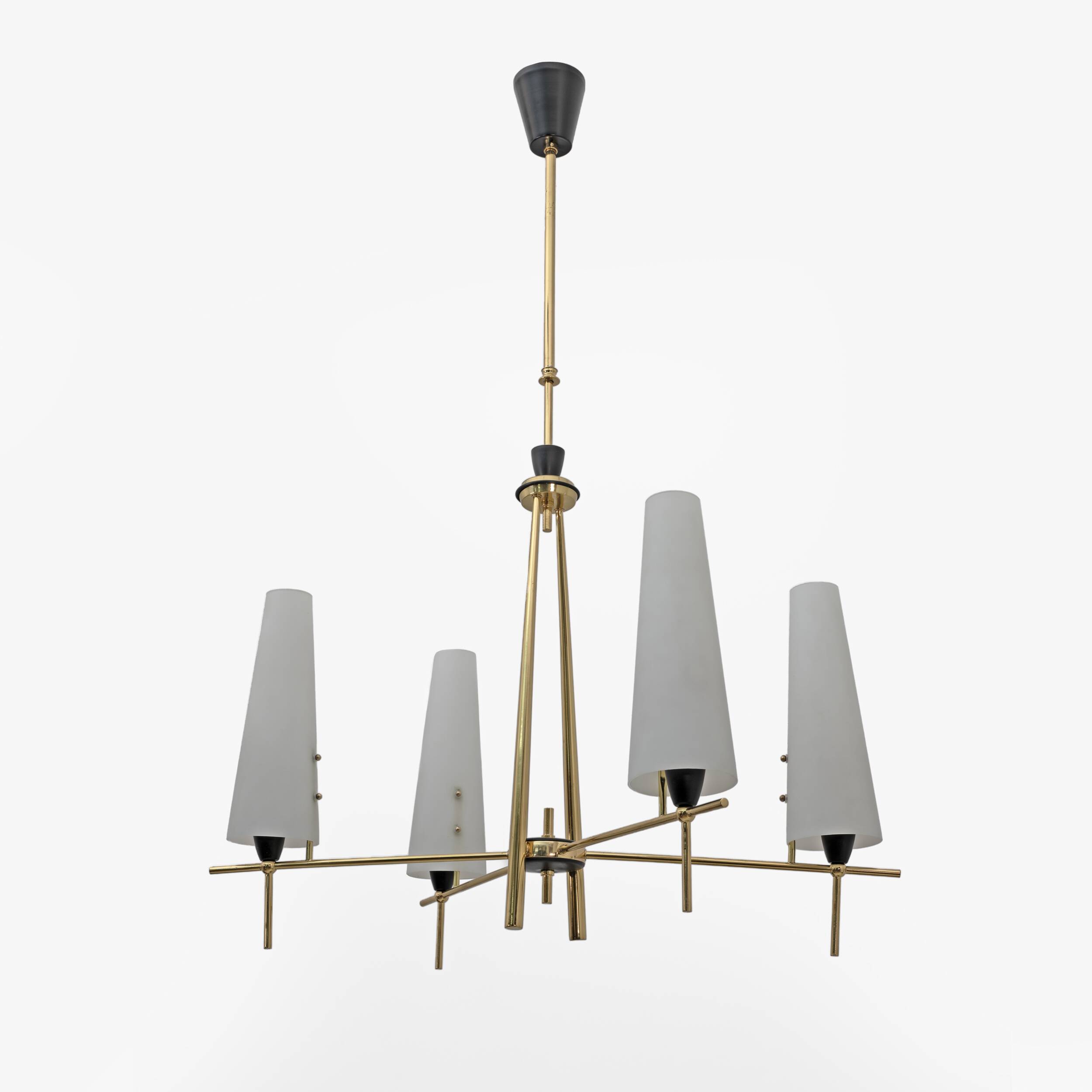 Stilnovo Style Mid-century Modern Italian Brass and Opaline Glass Chandelie