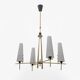 Stilnovo Style Mid-century Modern Italian Brass and Opaline Glass Chandelie