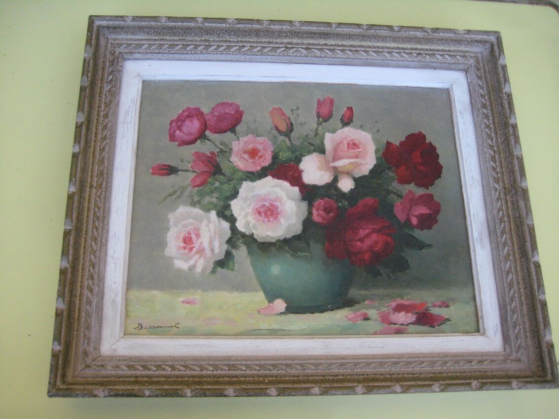 Old painting, bouquet of roses of love in a vase, signed bessonnat