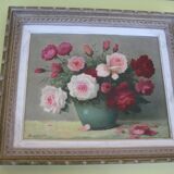 Old painting, bouquet of roses of love in a vase, signed bessonnat