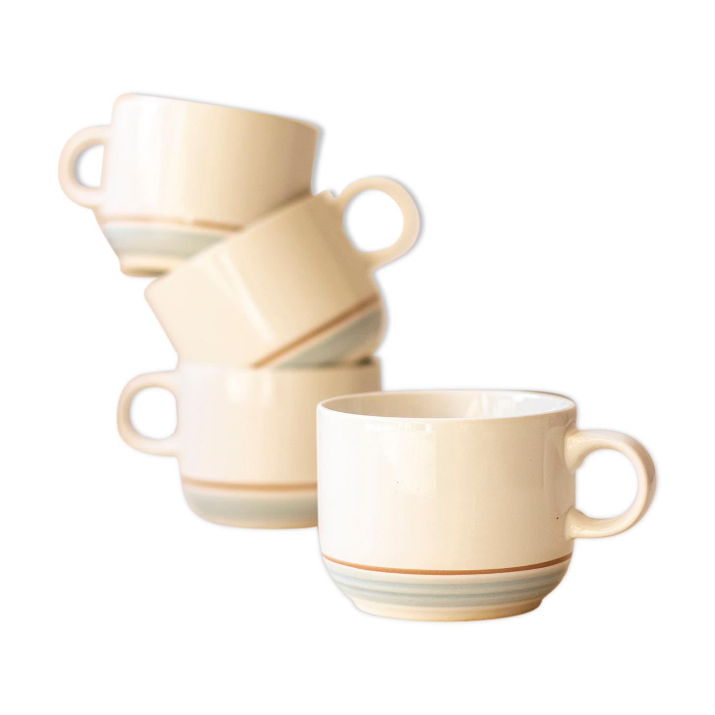 4 coffee cups - pale blue and brown border - Japan