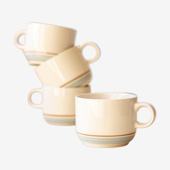4 coffee cups - pale blue and brown border - Japan