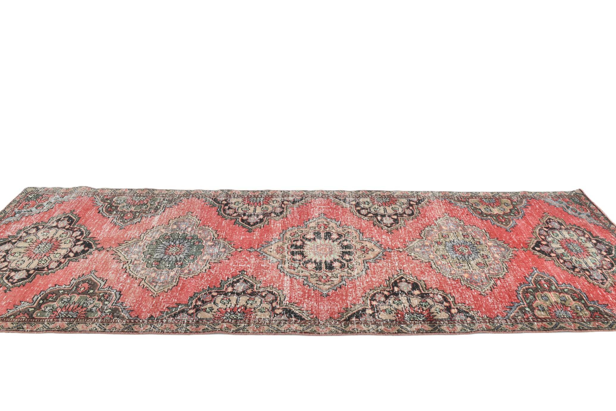 Classic Pattern Red & Green Vintage Runner Rug, 104x344Cm