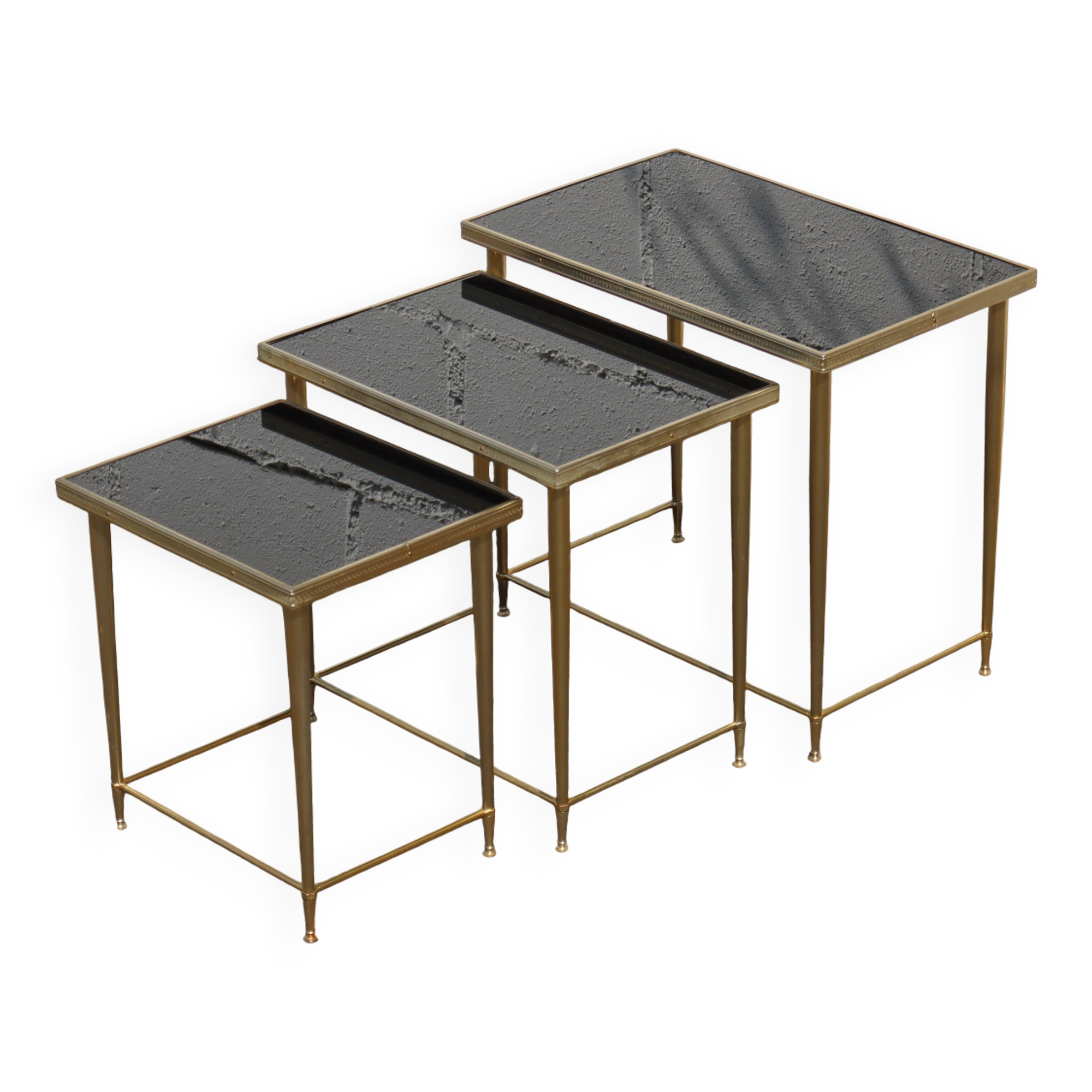 Mid-Century Glass and Brass Nesting Tables-Set of 3-Maison Jansen style  70s