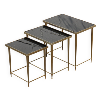 Tables gigognes en verre et laiton du milieu du siècle - Ensemble de 3 - Style Maison Jansen années 70