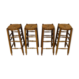 Set of 4 high stools, wood and straw