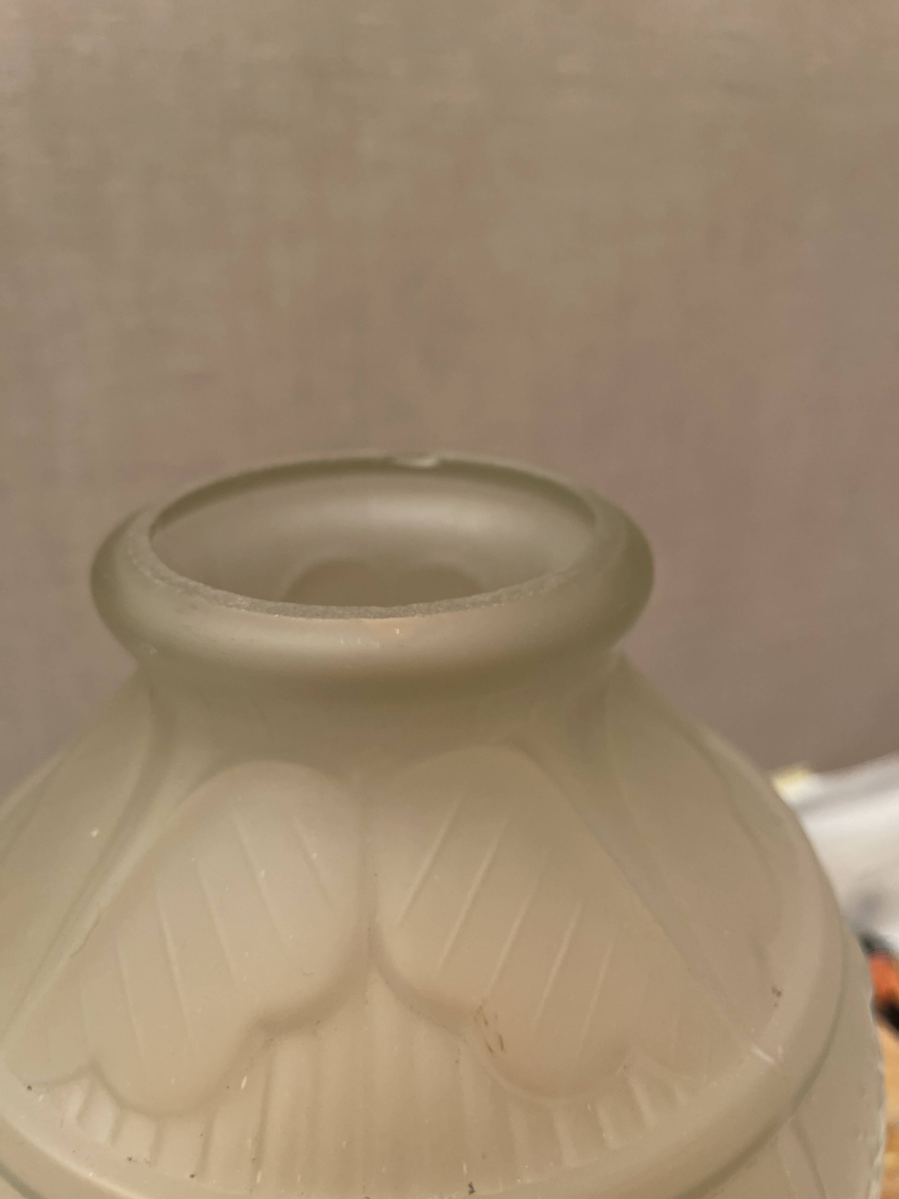 2 semi-opaque glass vases with relief bird designs.