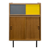 Modernist sideboard with glass doors in grey and yellow oak veneer.