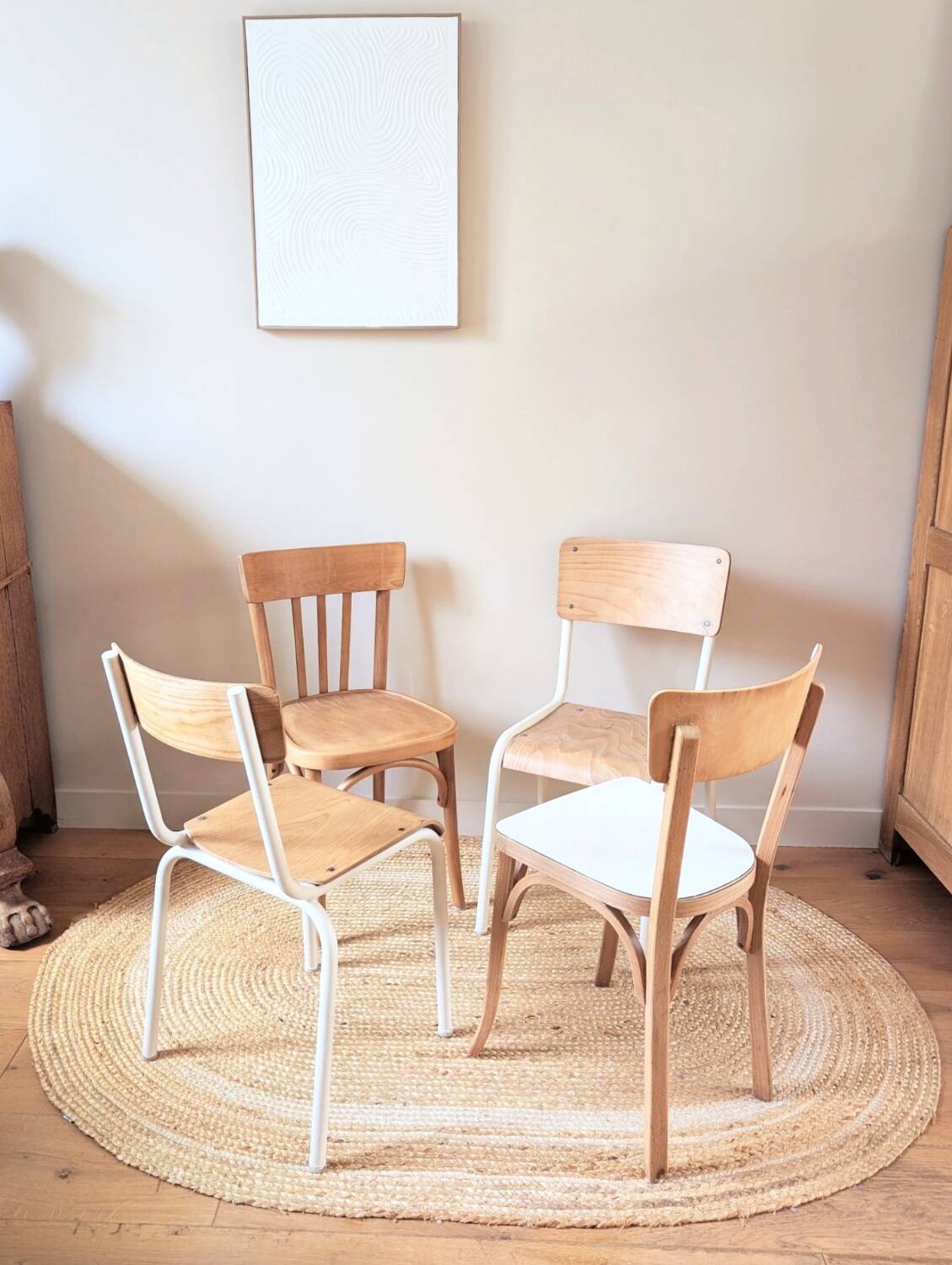 Set of 4 reimagined and mismatched vintage chairs
