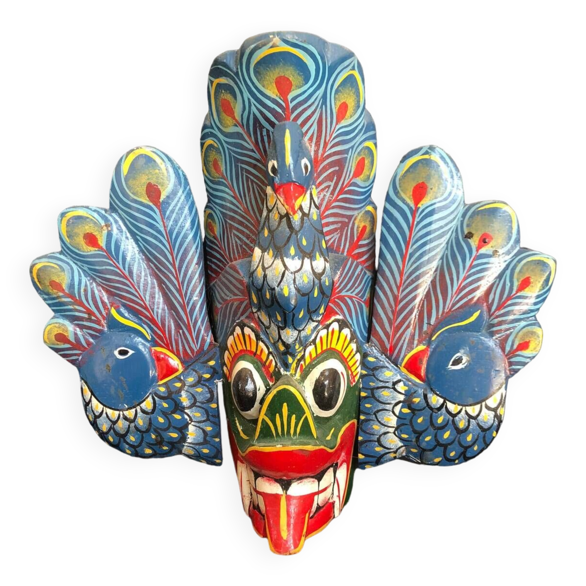 Traditional Peacock mask in polychrome wood from Sri Lanka, 20th century work
