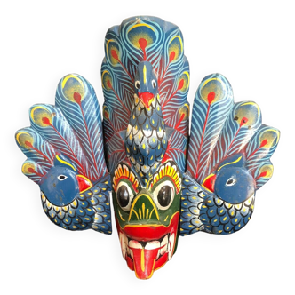Traditional Peacock mask in polychrome wood from Sri Lanka, 20th century work