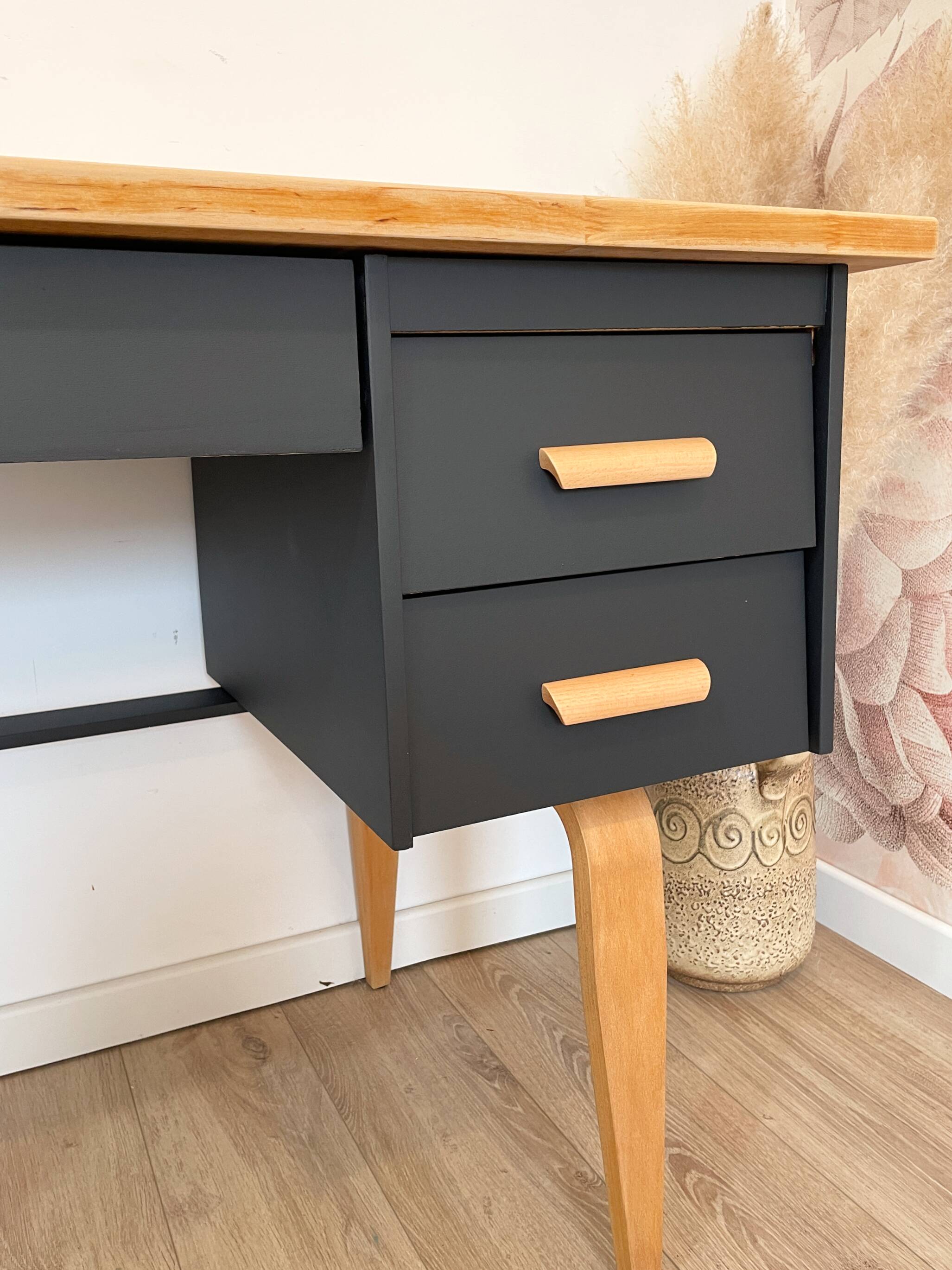 Vintage desk, Scandinavian style, Black lacquer and Beech