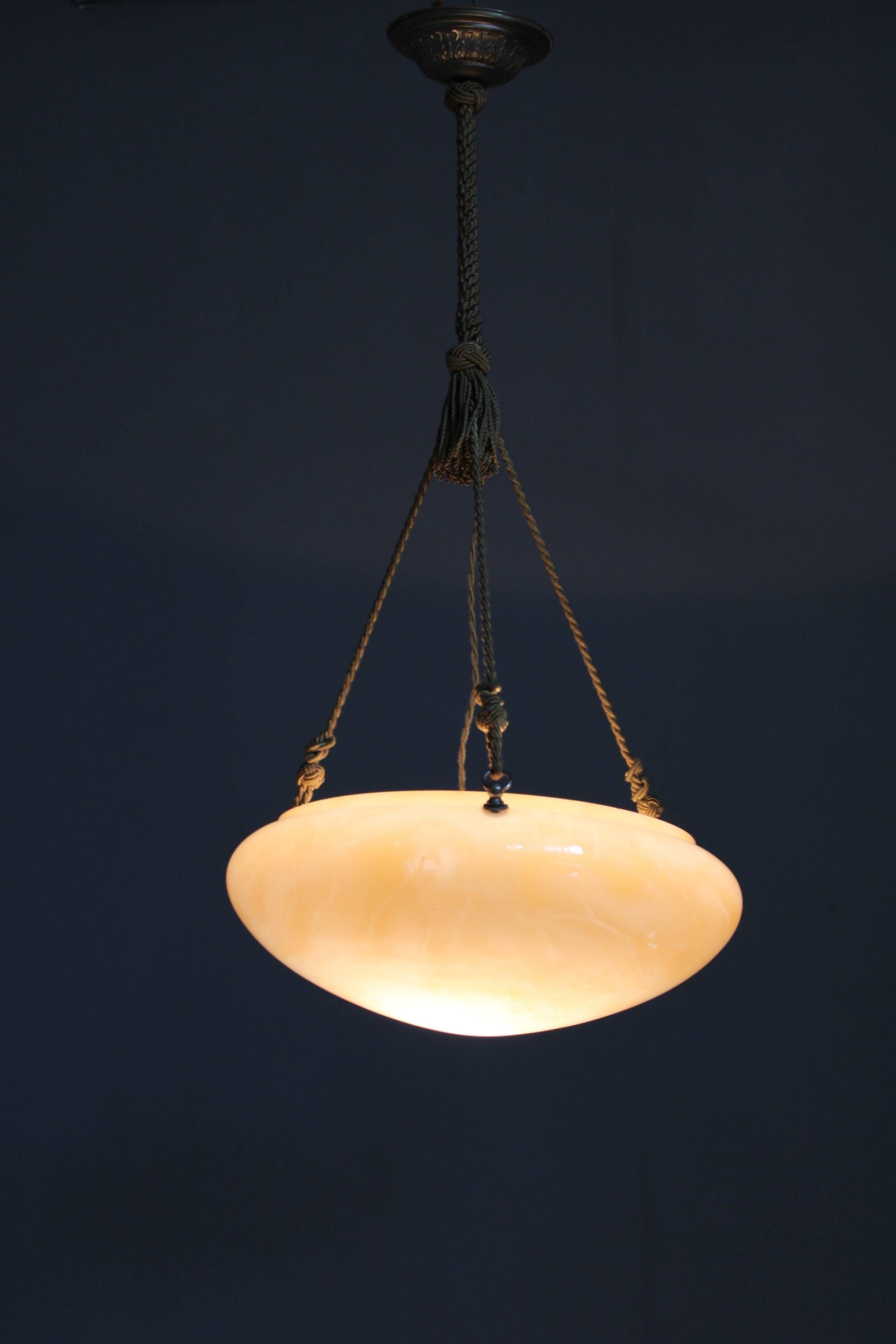 1930s European Secession–Art Deco pendant light with rope suspension and glass