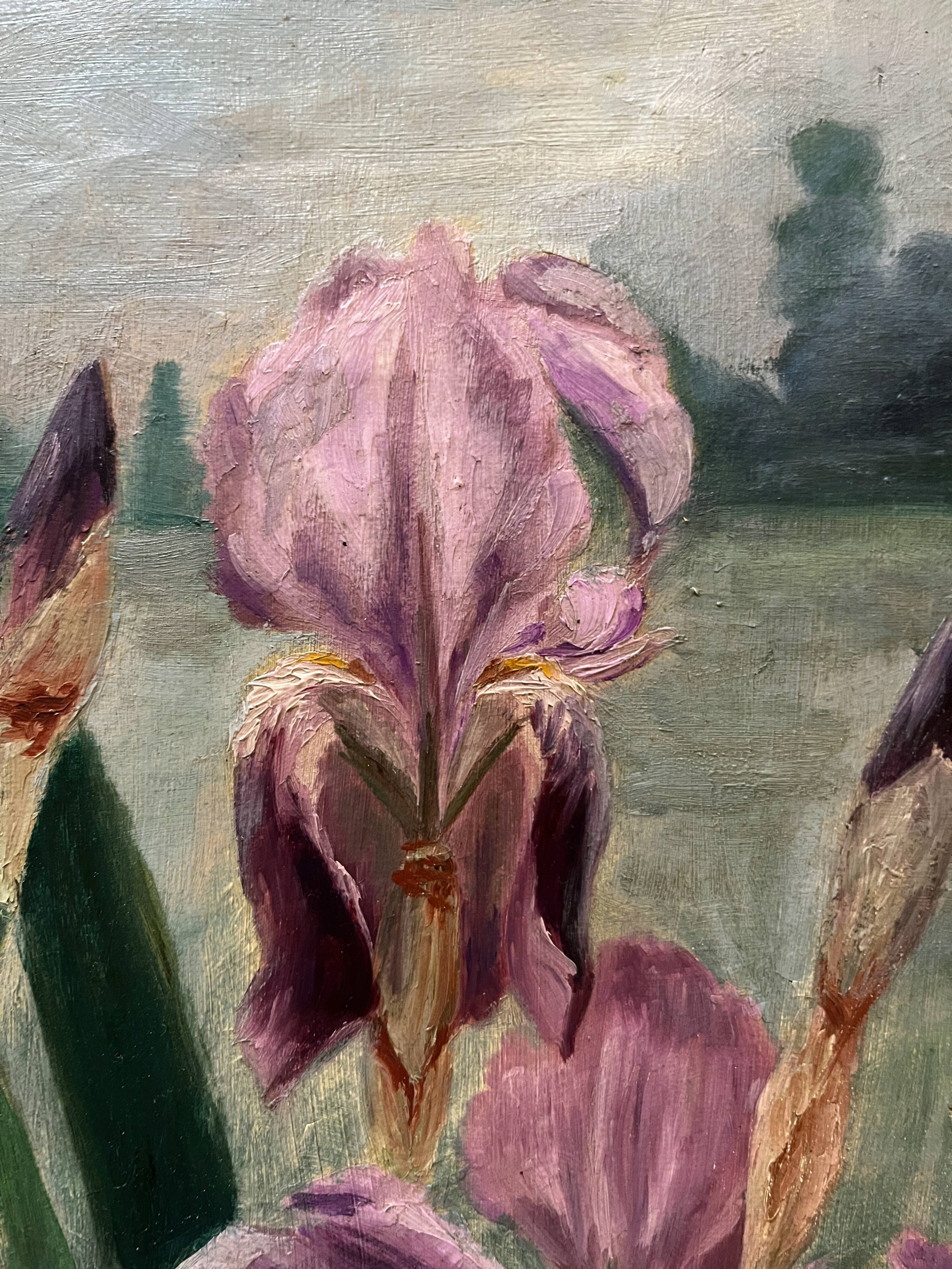 HST painting (oval frame) Iris flowers in a field 19th century