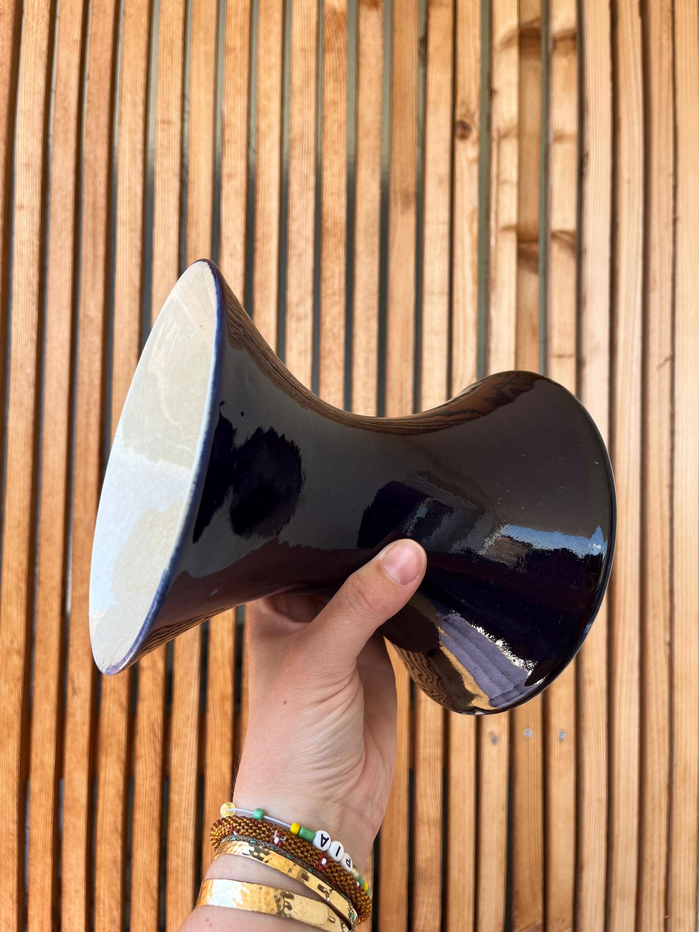 Blue ceramic diabolo vase, 1950