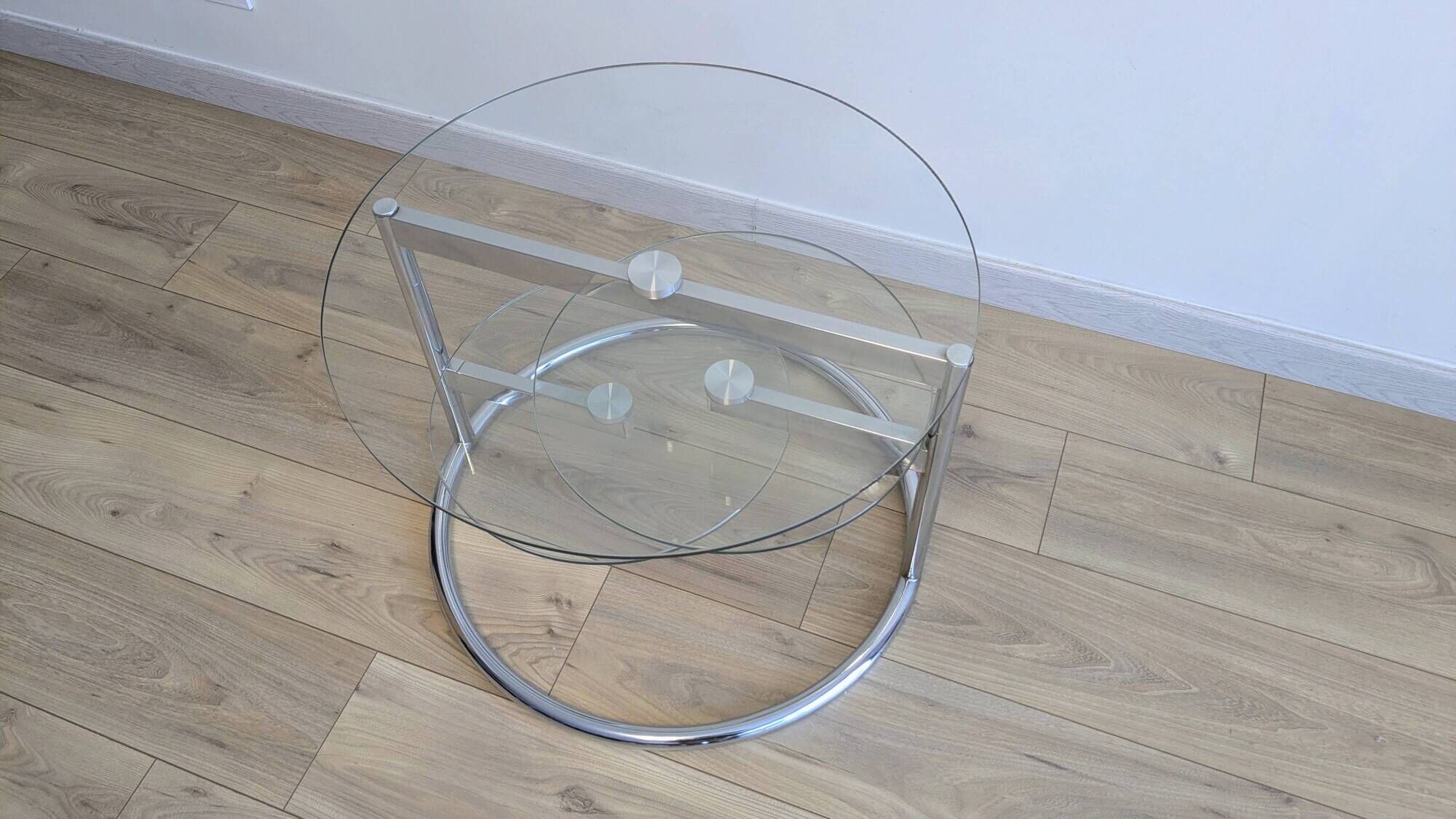 Vintage swivel coffee table with 3 glass and chrome trays – 1980s