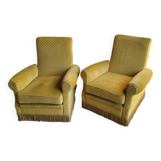 Pair of mustard velvet armchairs with fringes