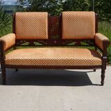 Vintage bench in wood and orange/ivory velvet.