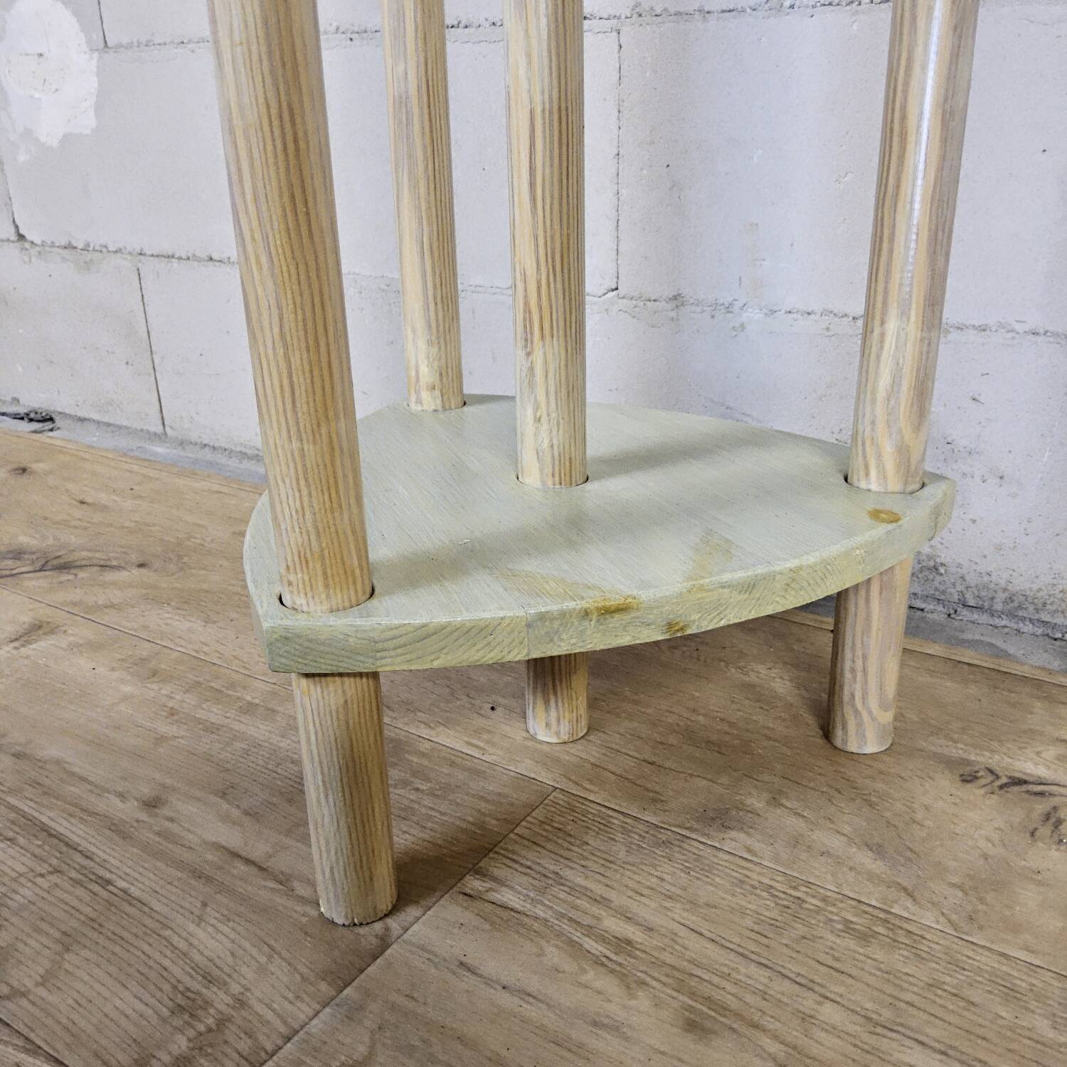 Pine wood floor lamp with handmade stained glass in Japandi style.