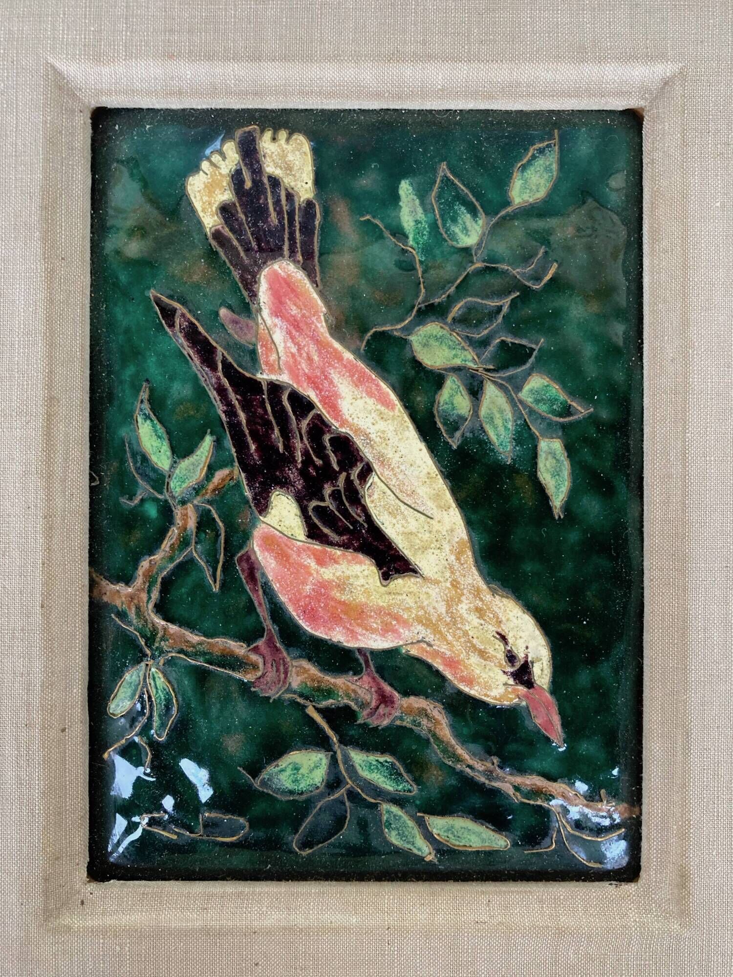 Emaux de Limoges, "Le Loriot", signed by master enameler Christiane Dujardin, 1950s-1960s
