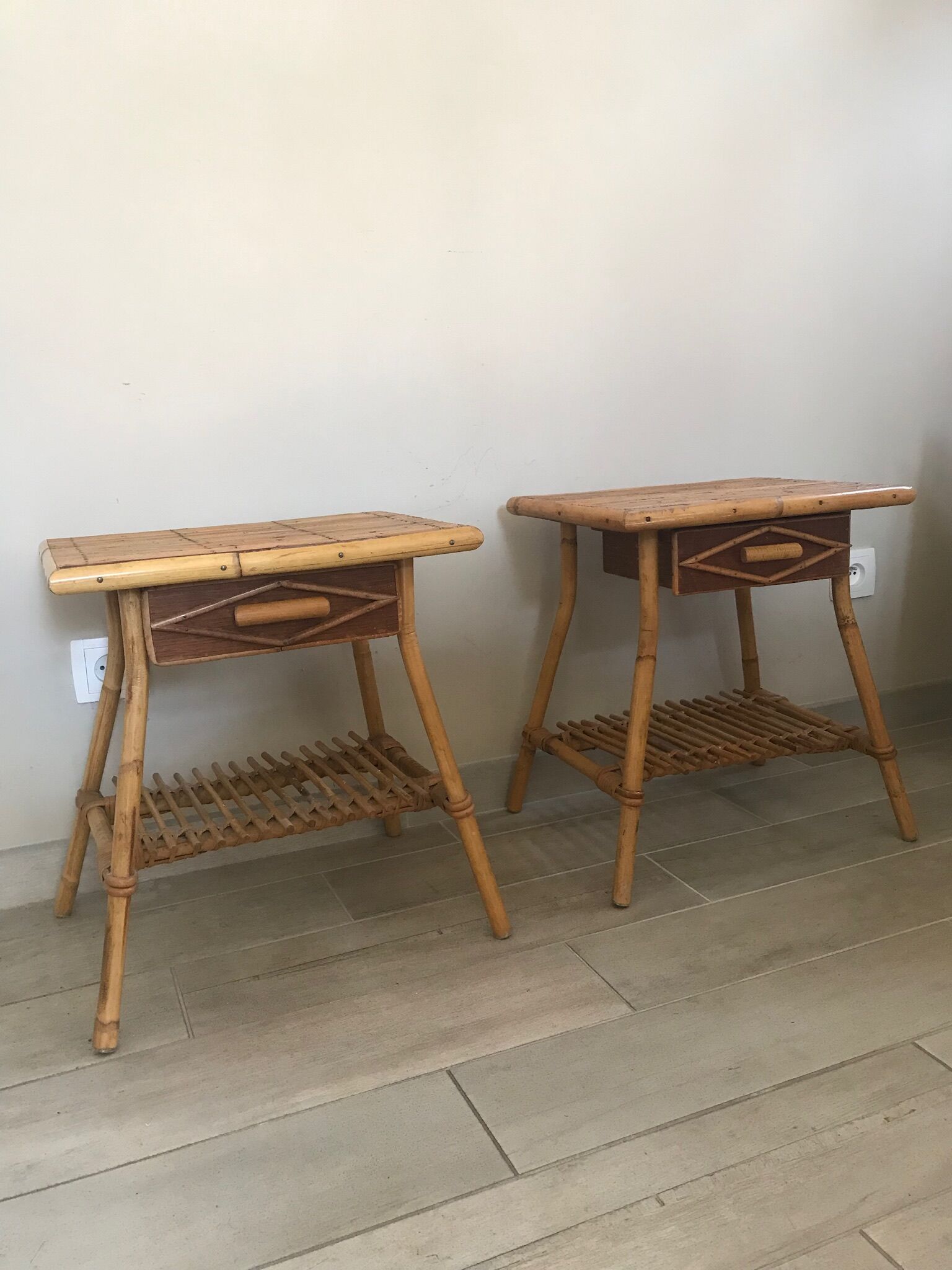Pair of vintage rattan bedside tables 60 years