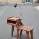 Industrial wood furniture, furniture with integrated lamp, trade furniture, industrial, compass feet