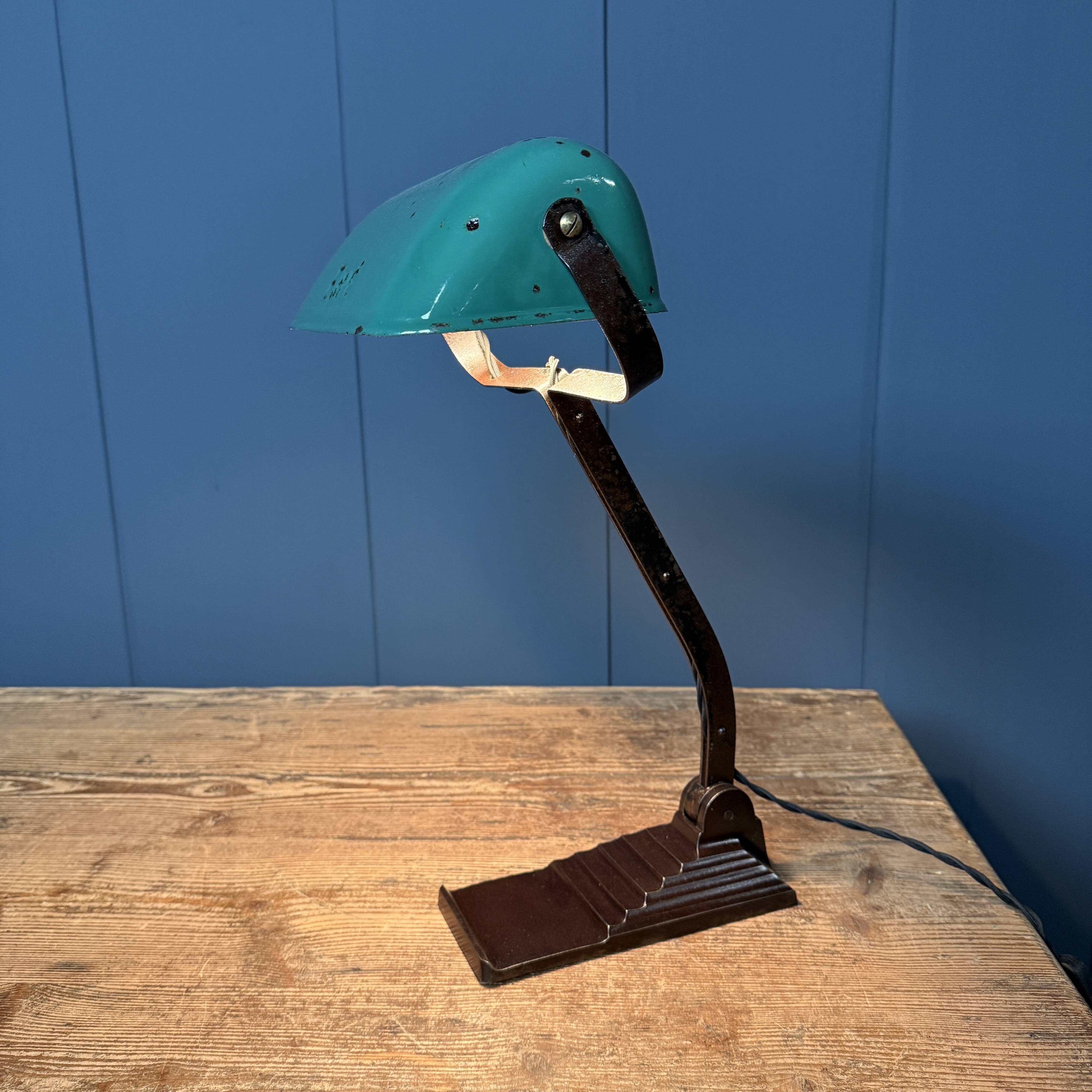 Erpé banker’s lamp with a turquoise enamel shade.