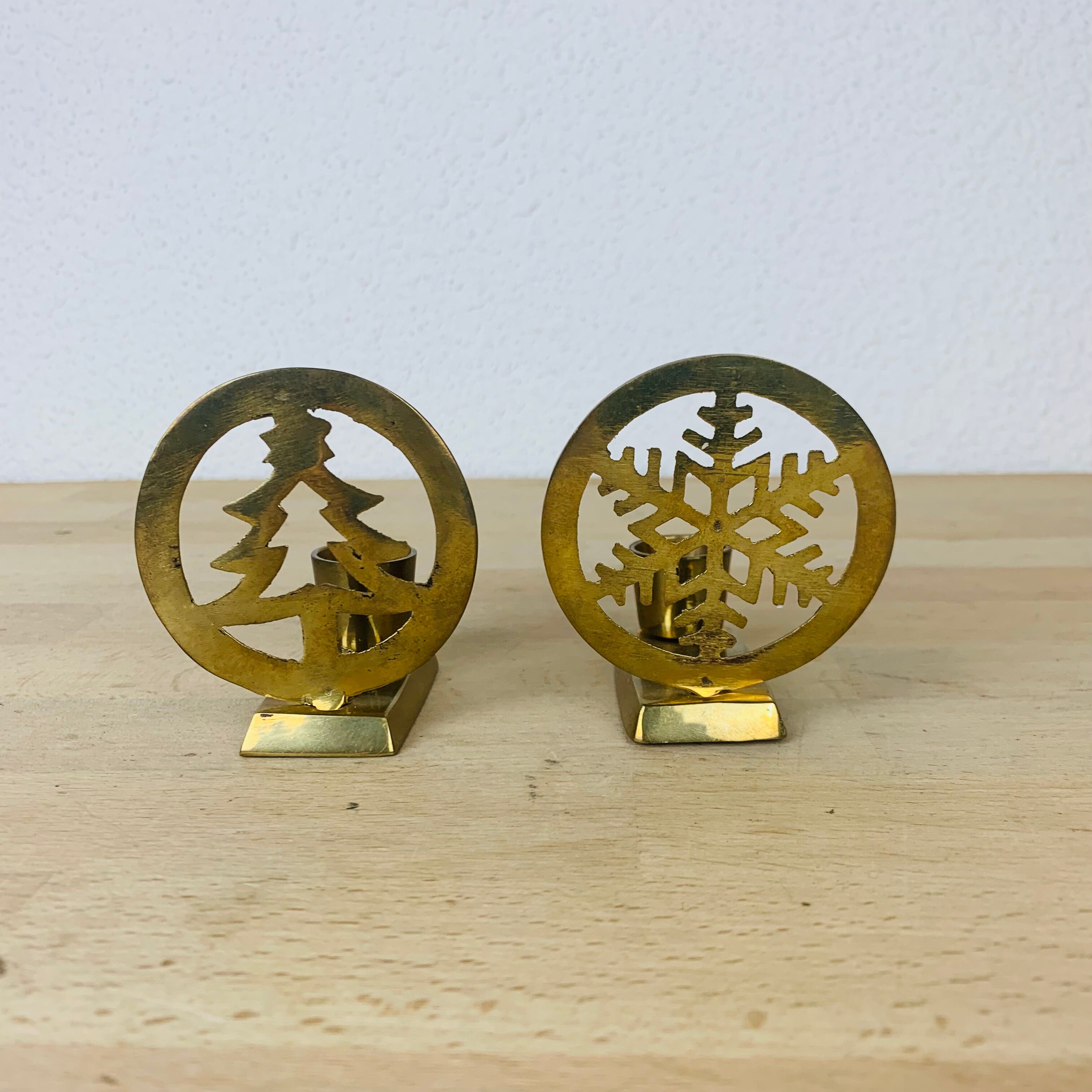 2 brass candlesticks christmas tree and star