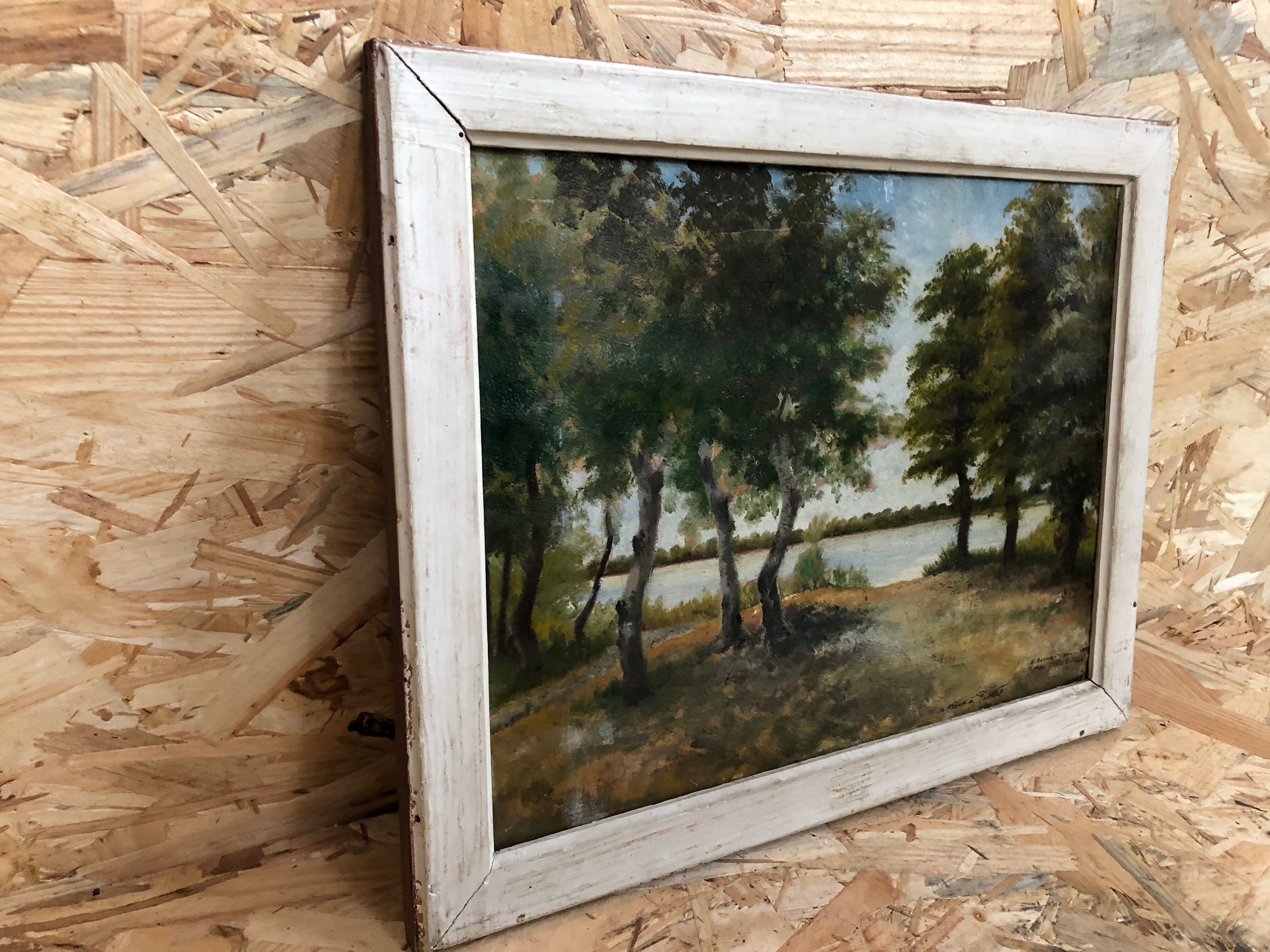 Old oil painting Savior Bernay Theric 1895 the Rhône with vintage wooden frame