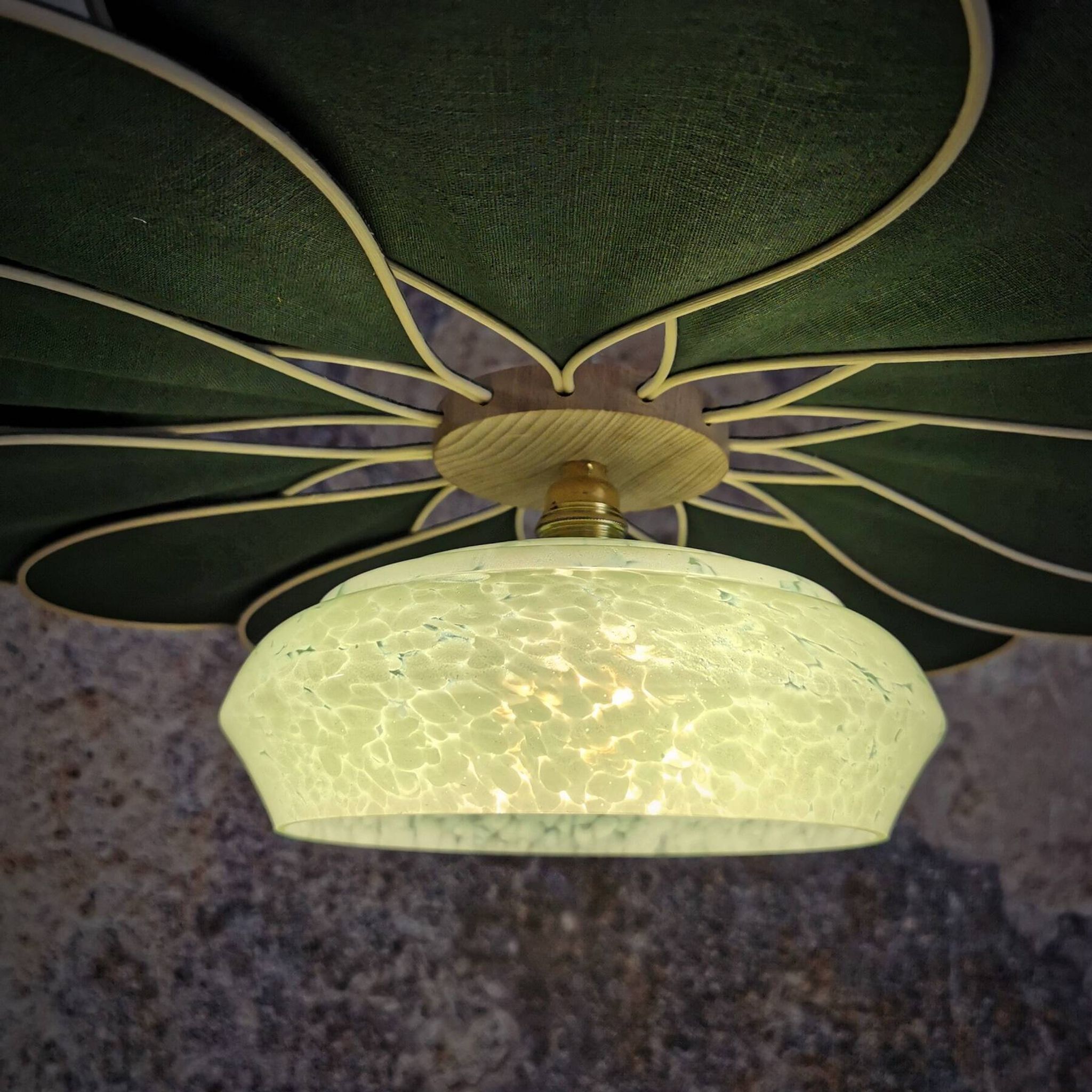 Rattan and Green Linen Flower Pendant Light and Vintage Clichy Glass Globe