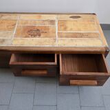 Vintage 1970 coffee table in solid oak & ceramic