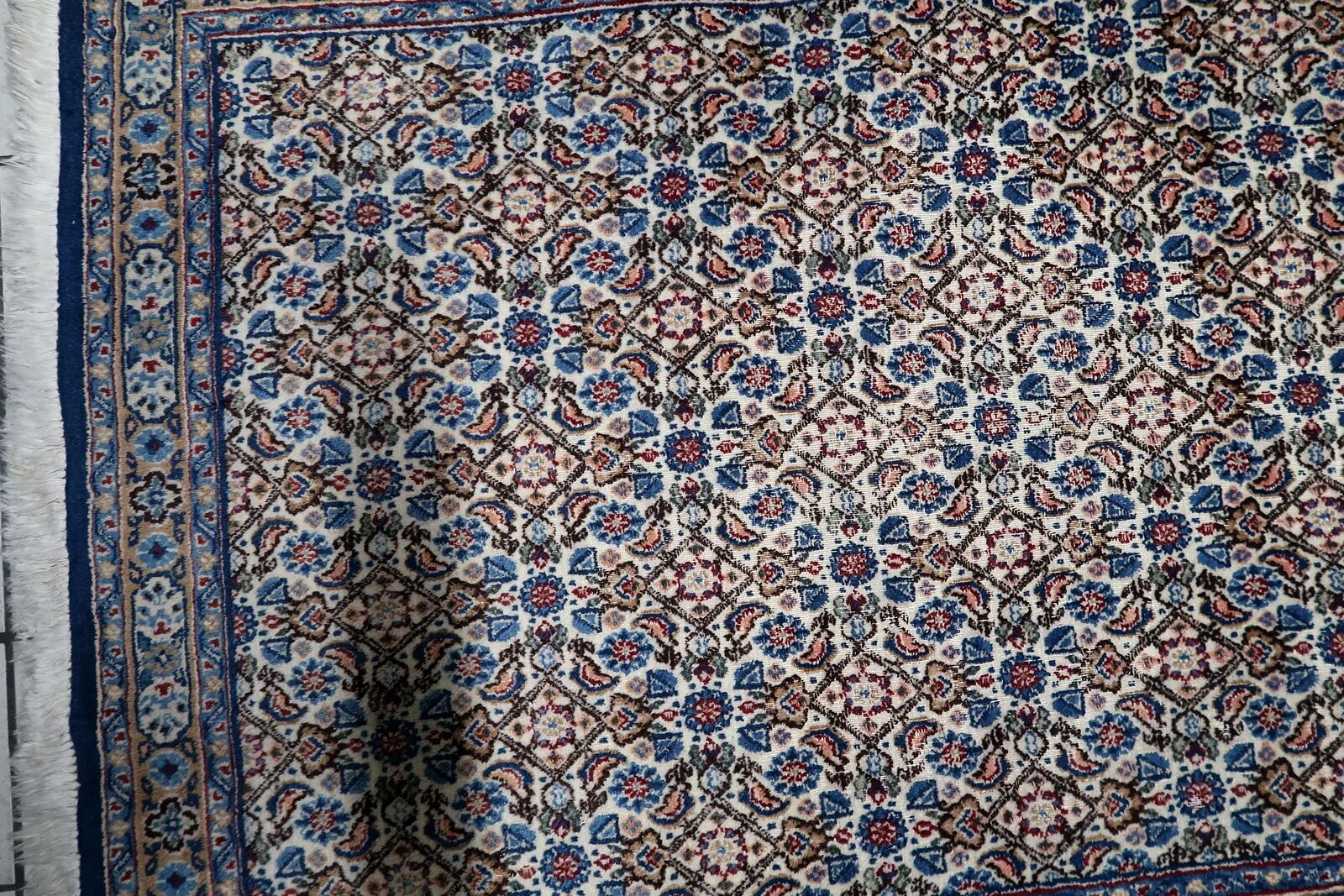 1950s handmade wool floral rug, ivory and blue, 98 × 145 cm