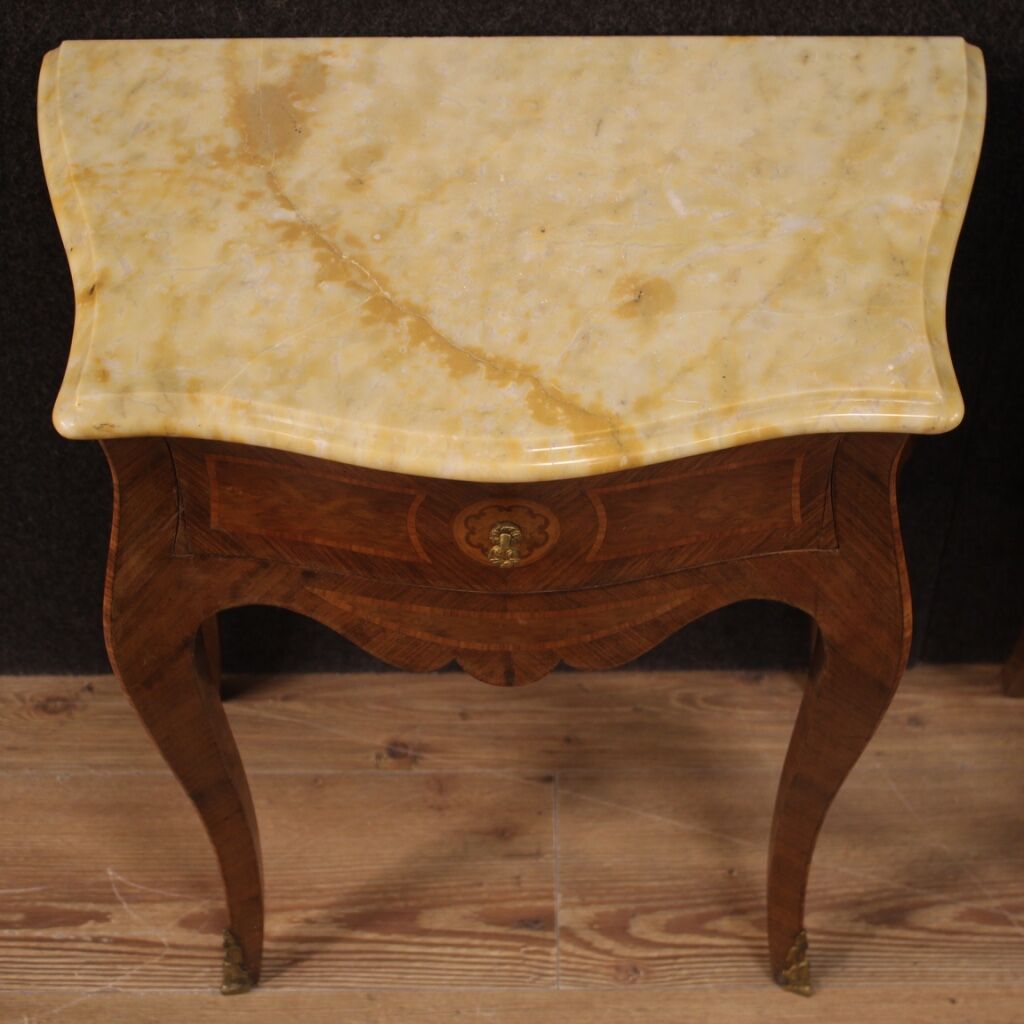 Pair of Italian inlaid bedside tables with marble top