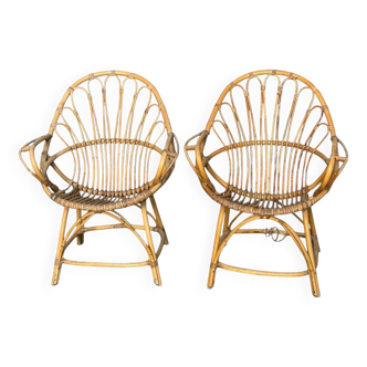 Set of 2 rattan armchairs from the 1960s, France.