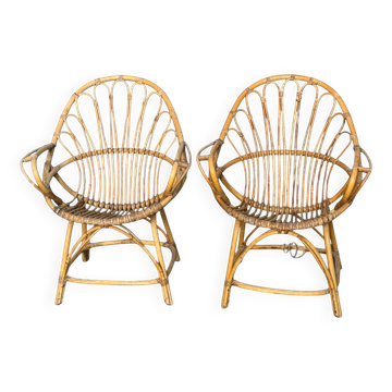 Set of 2 rattan armchairs from the 1960s, France.
