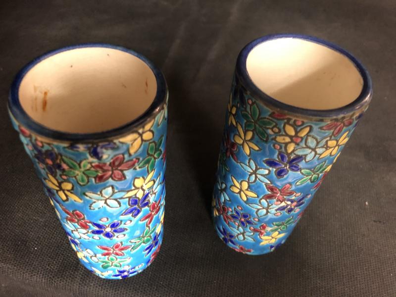 Pair of 19th-century roll vases in Longwy enamels