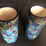 Pair of 19th-century roll vases in Longwy enamels