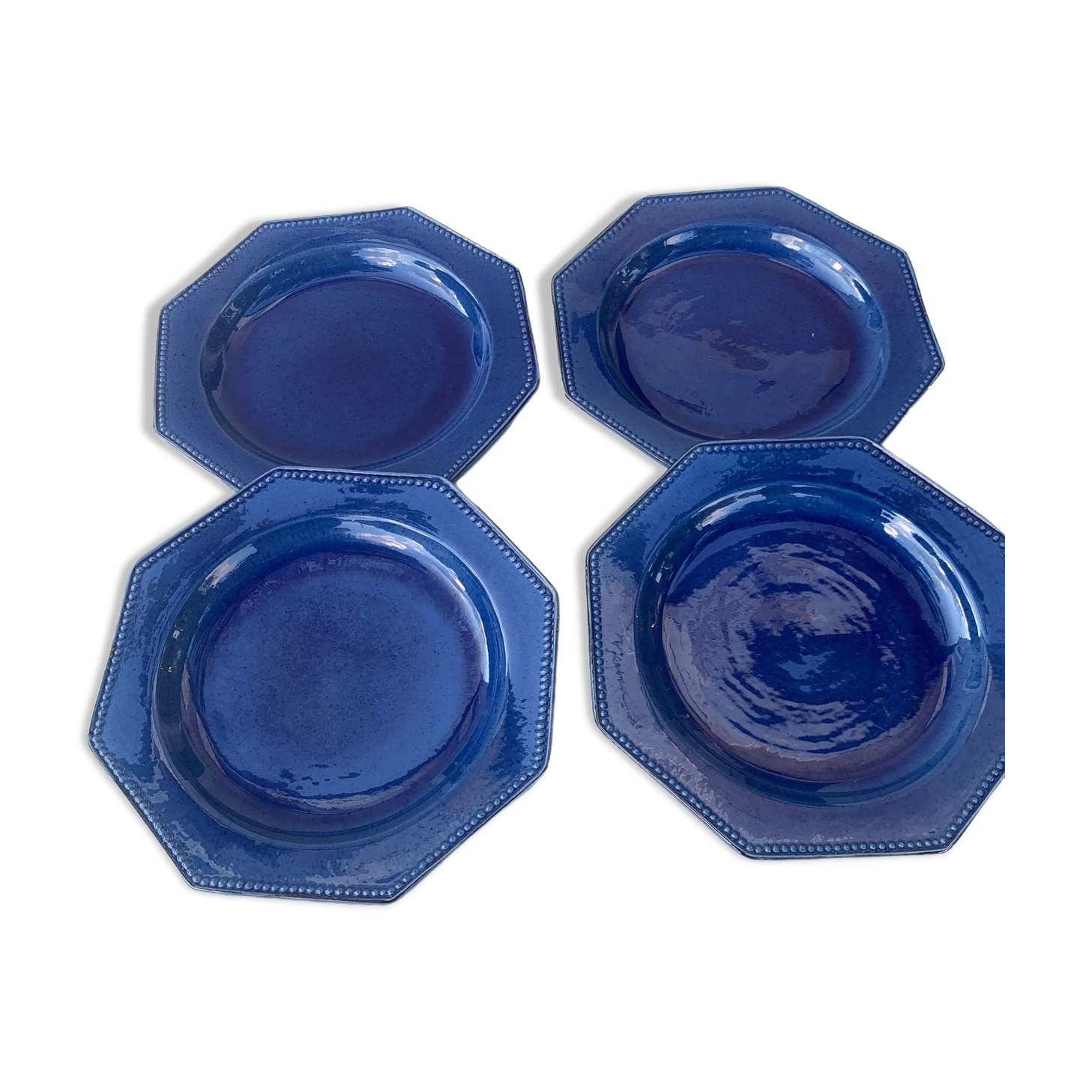 4 octagonal flat plates terre de Provence blue ceramic glazed vintage