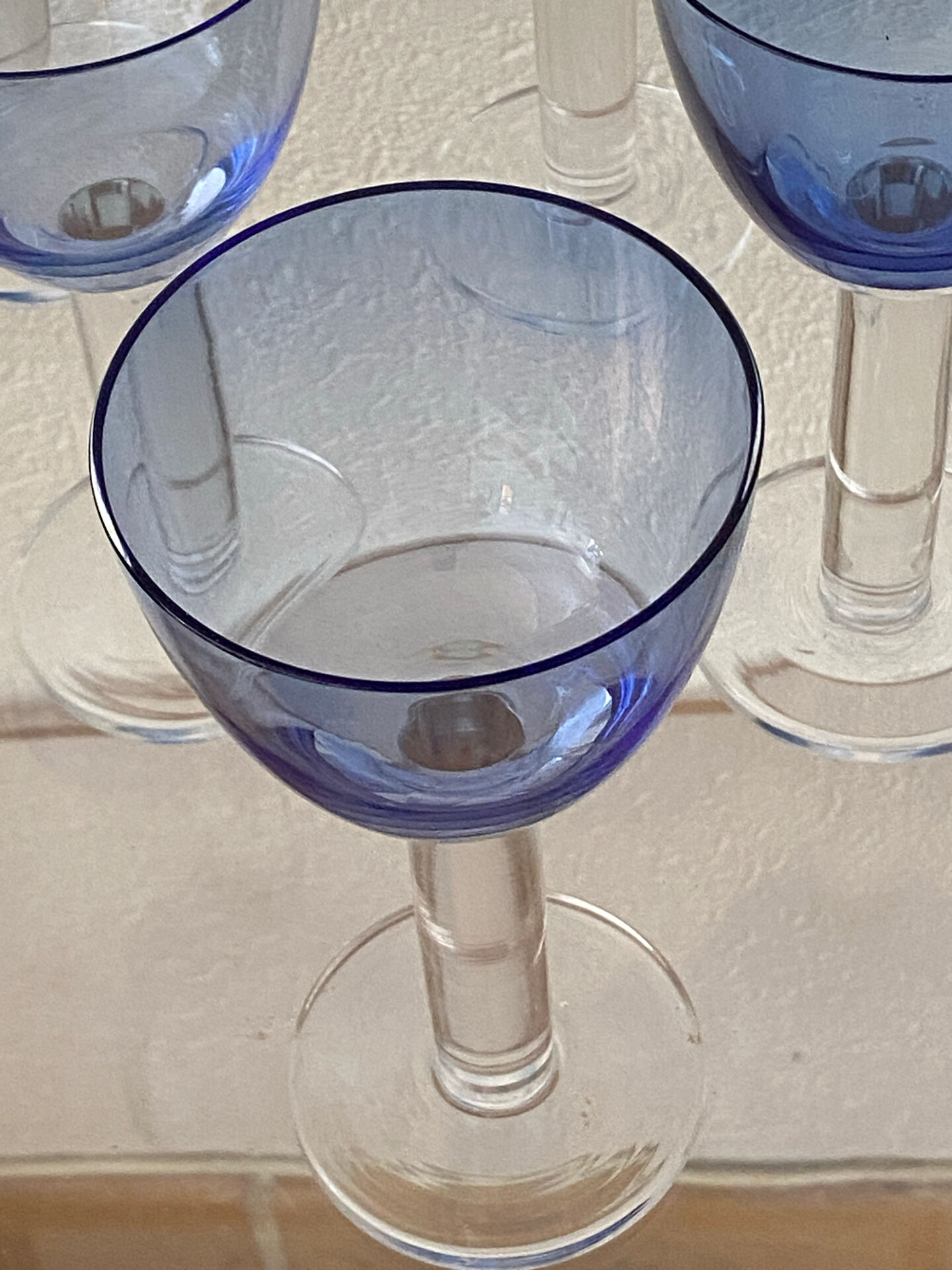 Six two-coloured wine or cocktail glasses.